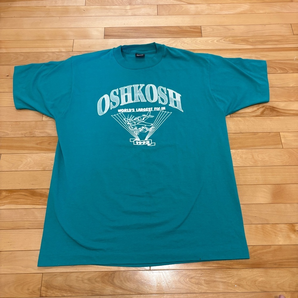 1993 90s Vintage Single Stitch OshKosh Airplane T Shirt Air Port Green Teal